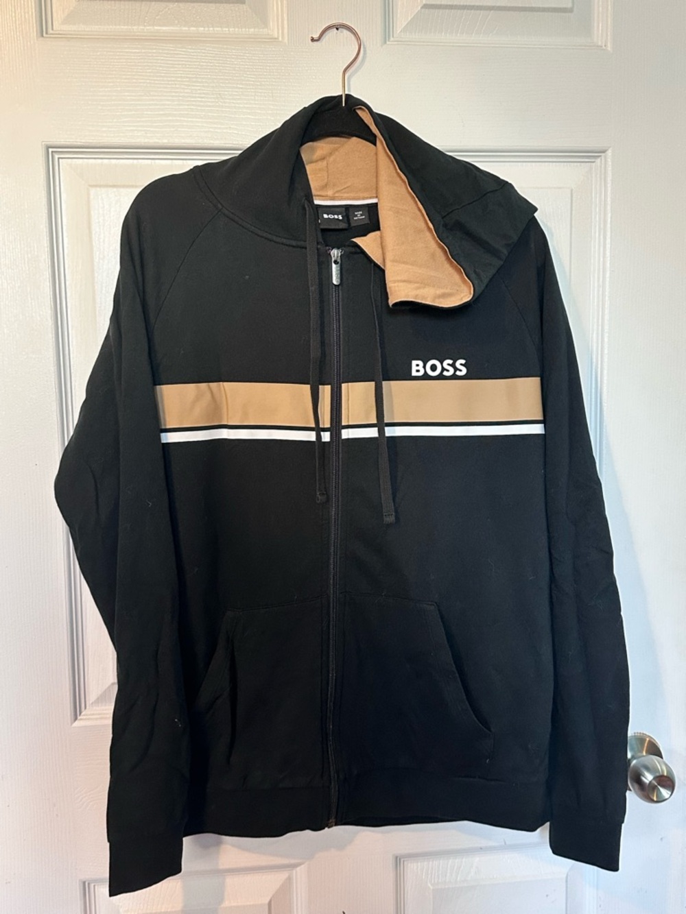 BOSS Black Zip-Up Hoodie with Tan and White Chest Stripe